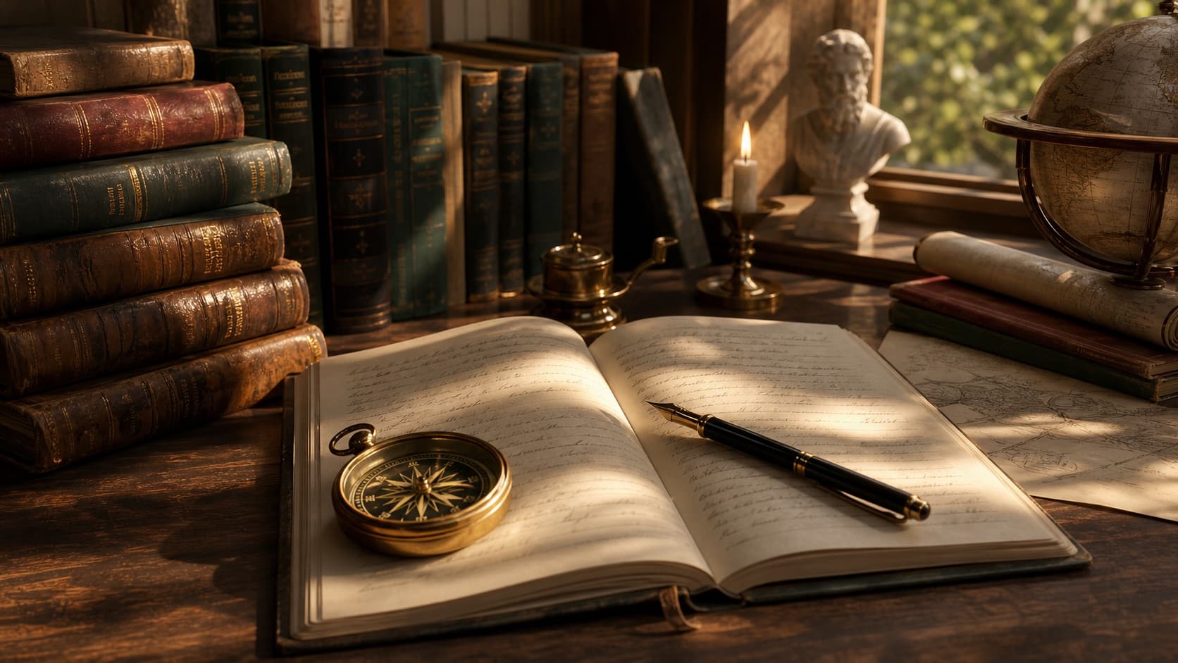 A warm study desk with open philosophy books, a notebook and a brass compass